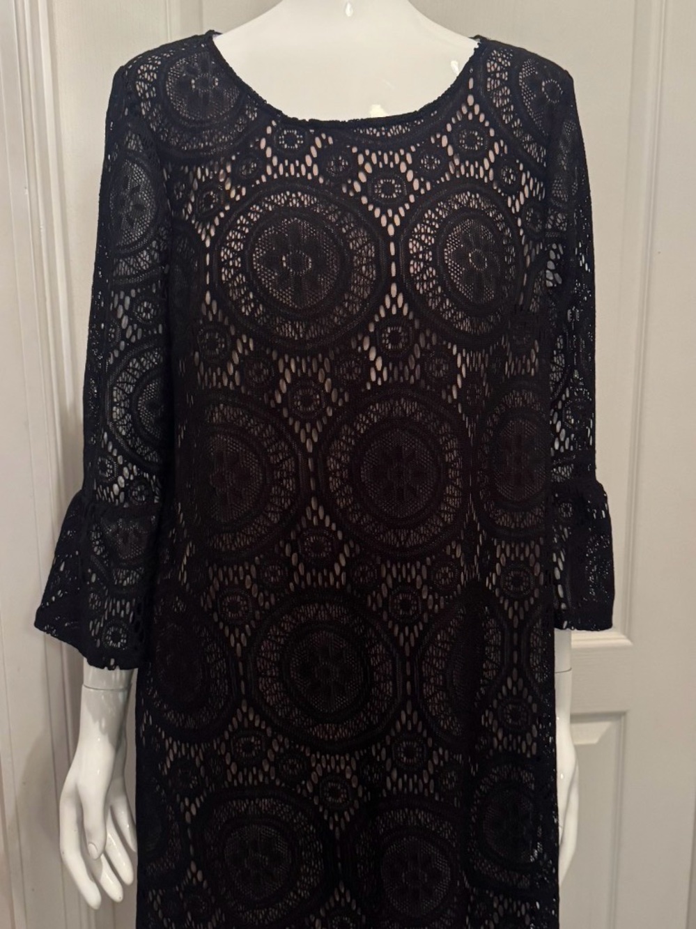 Tacera Black Lace Long Sleeve Shift Dress-Medium